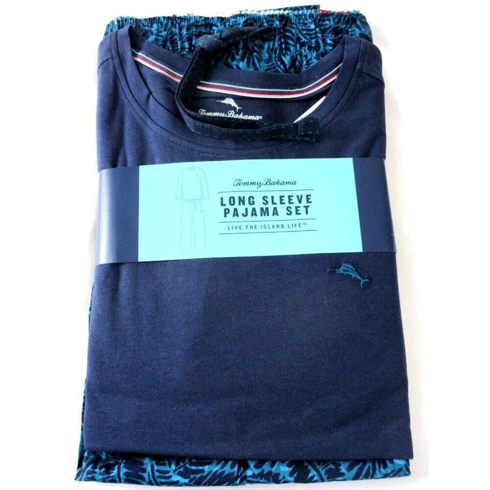 Tommy Bahama Men's Long Sleeve Island Life 2 Piece PJ set Tropical Navy Blue NWT